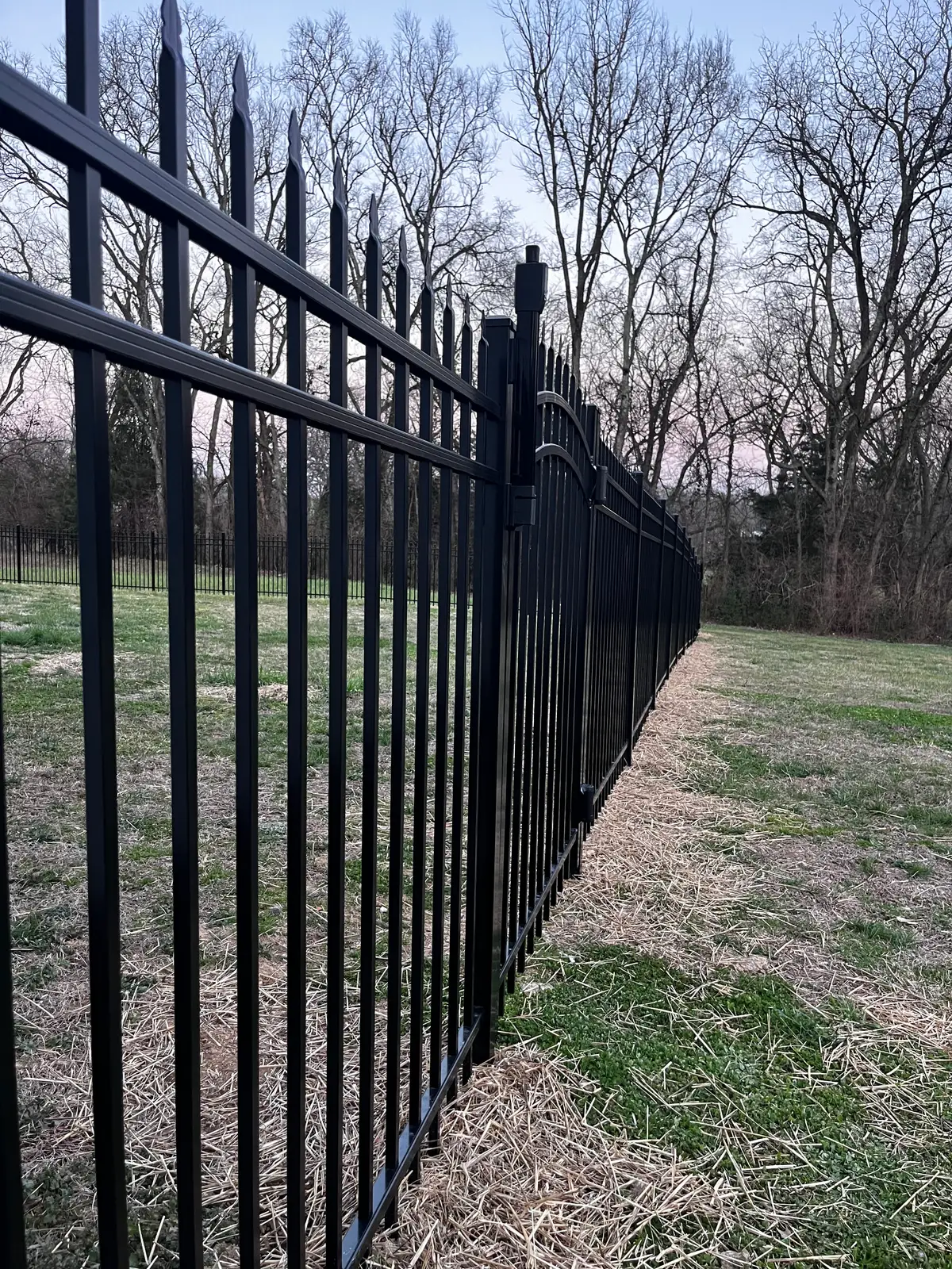 Black ornamental aluminum fence with spear-top pickets along a lawn