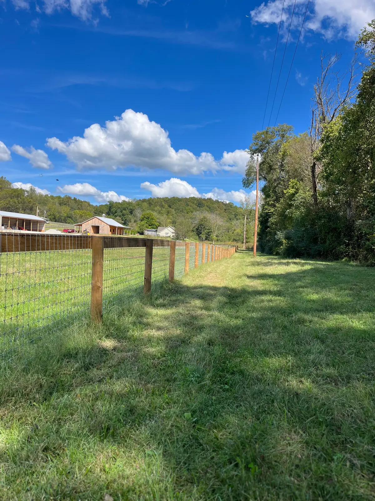 Four-board wood field fence enclosing a green pasture